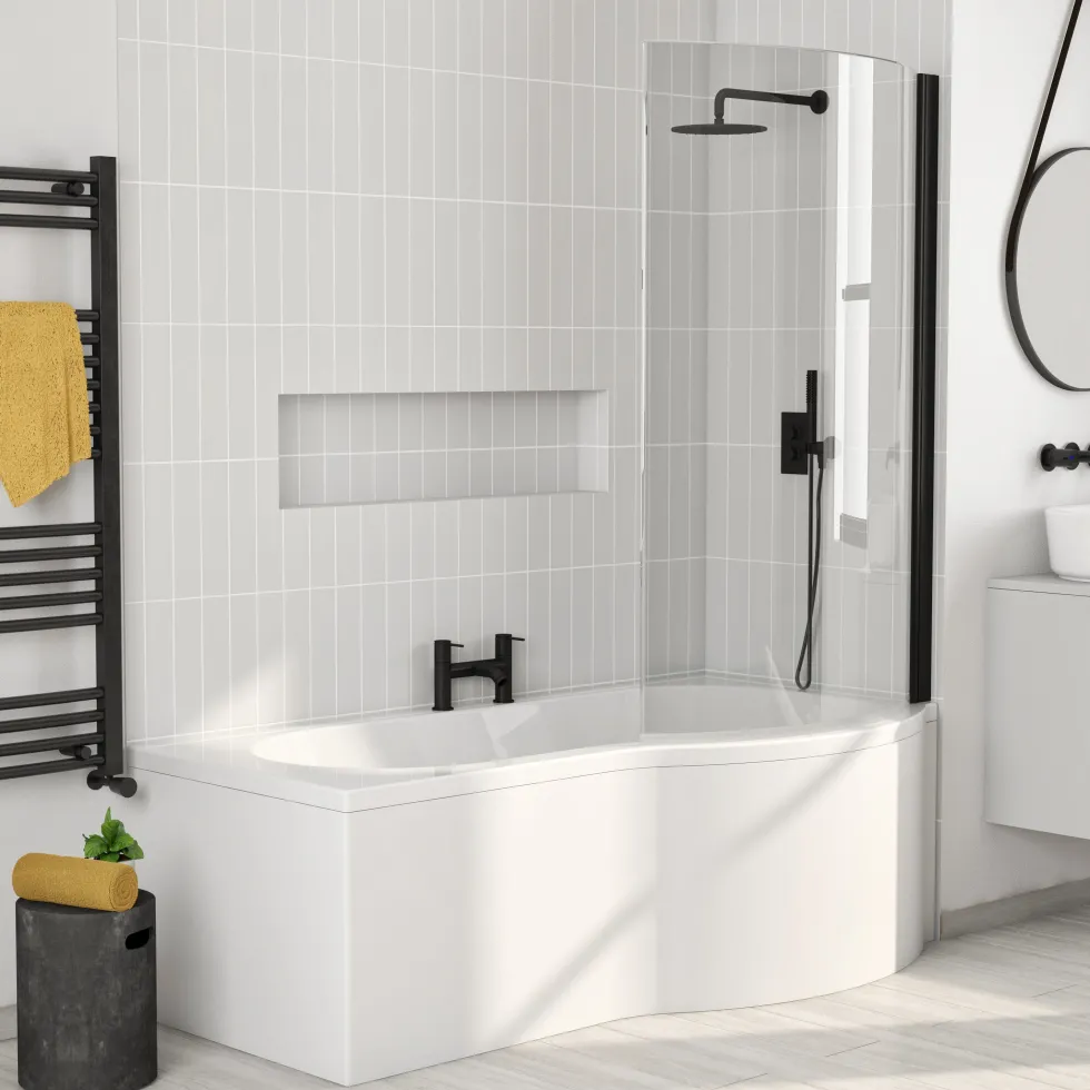 Drench P-Shaped Shower Bath with Matt Black Curved Shower Screen & Panel - 1700mm