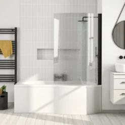 Drench P-Shaped Shower Bath with Matt Black Curved Shower Screen & Panel - 1700mm