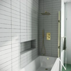 Drench Straight Single Ended Curved Bath & Brushed Brass Shower Screen