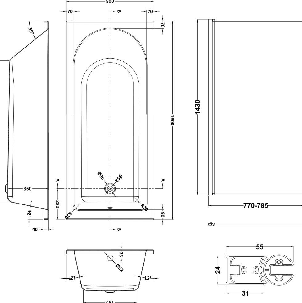 Drench Straight Single Ended Curved Bath & Shower Screen