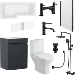 Dylan Complete Matt Black Bathroom Suite with 1700mm L Shaped Shower Bath & Rimless Toilet