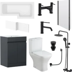 Dylan Complete Matt Black Bathroom Suite with 1700mm L Shaped Shower Bath & Rimless Toilet