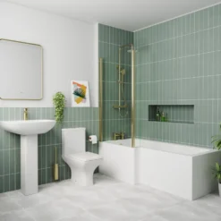 Emily Complete Brushed Brass Bathroom Suite with 1700mm L Shaped Shower Bath & Rimless Toilet