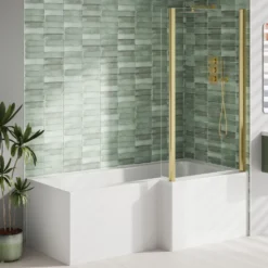 Emily Complete Brushed Brass Bathroom Suite with 1700mm L Shaped Shower Bath & Rimless Toilet