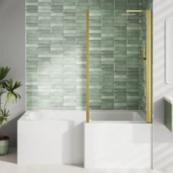 Emily Complete Brushed Brass Bathroom Suite with 1700mm L Shaped Shower Bath & Rimless Toilet