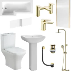 Emily Complete Brushed Brass Bathroom Suite with 1700mm L Shaped Shower Bath & Rimless Toilet