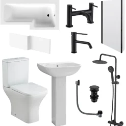 Emily Complete Matt Black Bathroom Suite with 1700mm L Shaped Shower Bath & Rimless Toilet