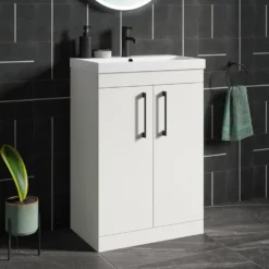 Emily Gloss White Floorstanding 2 Door Vanity Unit, Thin-Edged Basin, Matt Black Handles & Overflow