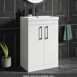 Emily Gloss White Floorstanding 2 Door Vanity Unit, Thin-Edged Basin, Matt Black Handles & Overflow