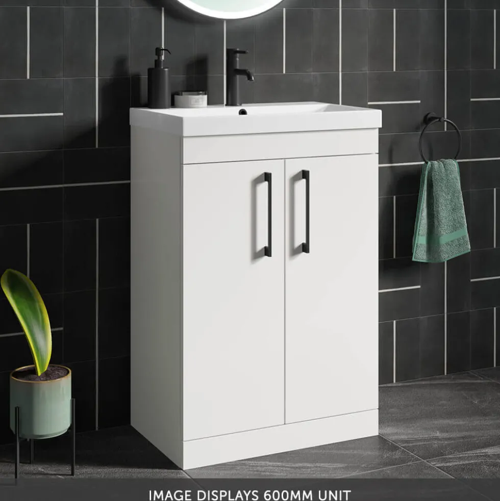 Emily Gloss White Floorstanding 2 Door Vanity Unit, Thin-Edged Basin, Matt Black Handles & Overflow