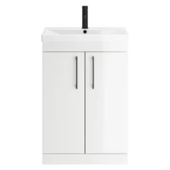 Emily Gloss White Floorstanding 2 Door Vanity Unit, Thin-Edged Basin, Matt Black Handles & Overflow