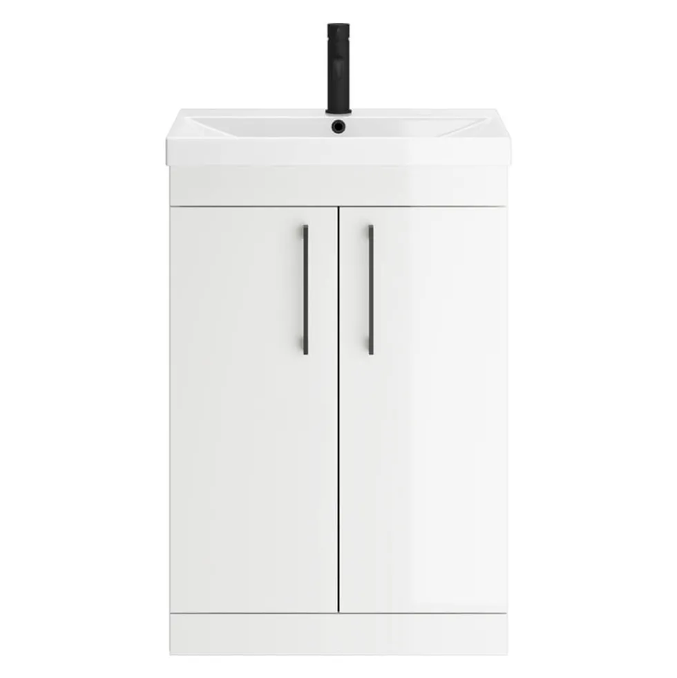 Emily Gloss White Floorstanding 2 Door Vanity Unit, Thin-Edged Basin, Matt Black Handles & Overflow