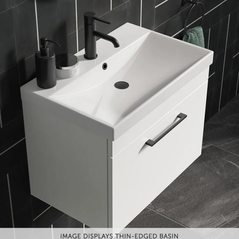 Emily Gloss White Floorstanding 2 Door Vanity Unit, Thin-Edged Basin, Matt Black Handles & Overflow