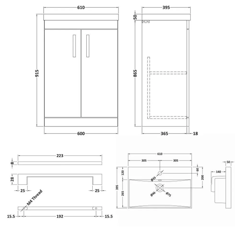 Emily Gloss White Floorstanding 2 Door Vanity Unit, Thin-Edged Basin, Matt Black Handles & Overflow