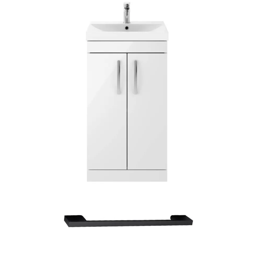 Emily Gloss White Floorstanding 2 Door Vanity Unit, Thin-Edged Basin, Matt Black Handles & Overflow