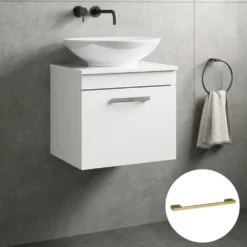 Emily Gloss White Wall Mounted 1 Drawer Vanity Unit and Countertop with Brushed Brass Handle