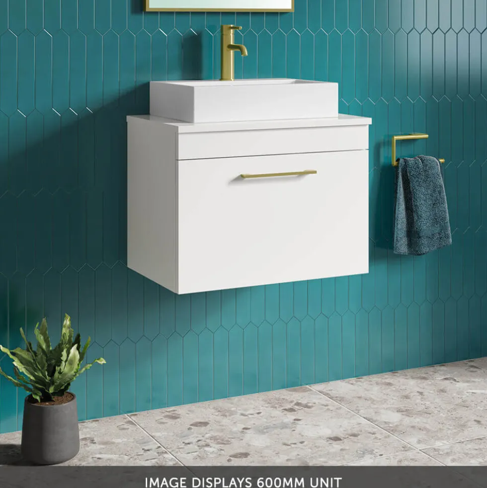 Emily Gloss White Wall Mounted 1 Drawer Vanity Unit and Countertop with Brushed Brass Handle