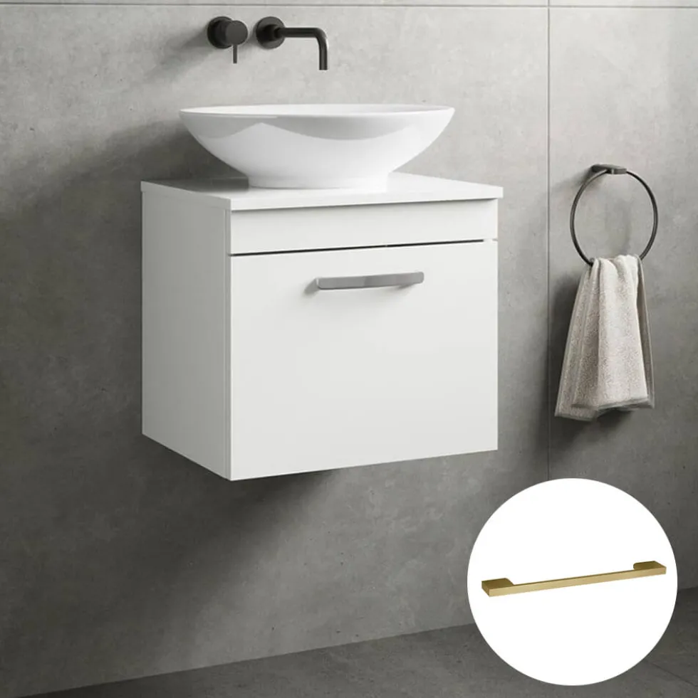 Emily Gloss White Wall Mounted 1 Drawer Vanity Unit and Countertop with Brushed Brass Handle