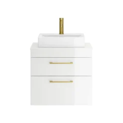 Emily Gloss White Wall Mounted 2 Drawer Vanity Unit and Countertop with Brushed Brass Handles