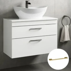 Emily Gloss White Wall Mounted 2 Drawer Vanity Unit and Countertop with Brushed Brass Handles