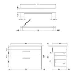Emily Gloss White Wall Mounted 2 Drawer Vanity Unit and Countertop with Brushed Brass Handles