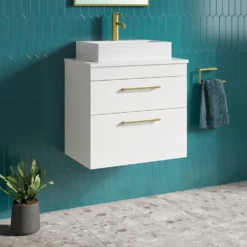 Emily Gloss White Wall Mounted 2 Drawer Vanity Unit and Countertop with Brushed Brass Handles