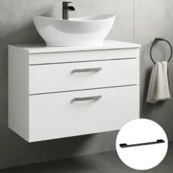 Emily Gloss White Wall Mounted 2 Drawer Vanity Unit and Countertop with Matt Black Handles