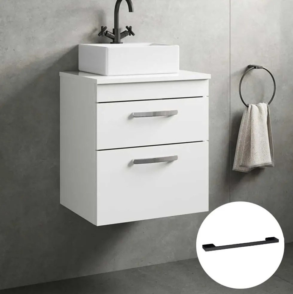 Emily Gloss White Wall Mounted 2 Drawer Vanity Unit and Countertop with Matt Black Handles