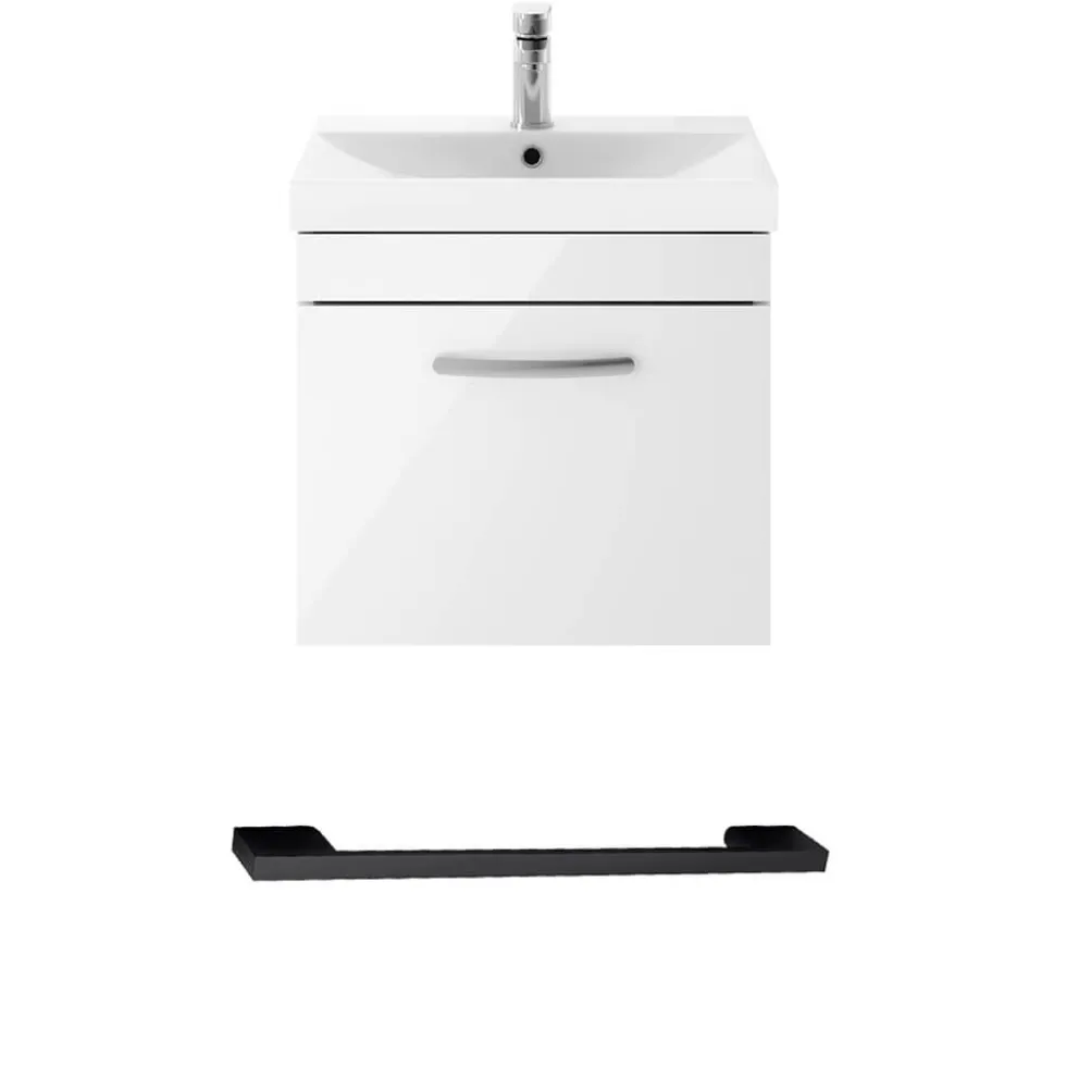 Emily Gloss White Wall Mounted 1 Drawer Vanity Unit, Thin-Edged Basin, Matt Black Handle & Overflow
