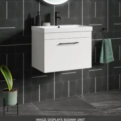 Emily Gloss White Wall Mounted 1 Drawer Vanity Unit, Thin-Edged Basin, Matt Black Handle & Overflow