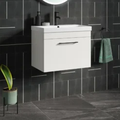 Emily Gloss White Wall Mounted 1 Drawer Vanity Unit, Thin-Edged Basin, Matt Black Handle & Overflow