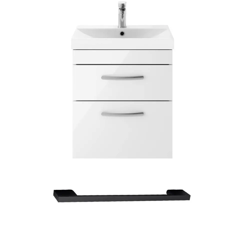 Emily Gloss White Wall Mounted 2 Drawer Vanity Unit, Thin-Edged Basin, Matt Black Handles & Overflow