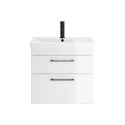 Emily Gloss White Wall Mounted 2 Drawer Vanity Unit, Thin-Edged Basin, Matt Black Handles & Overflow