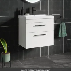 Emily Gloss White Wall Mounted 2 Drawer Vanity Unit, Thin-Edged Basin, Matt Black Handles & Overflow