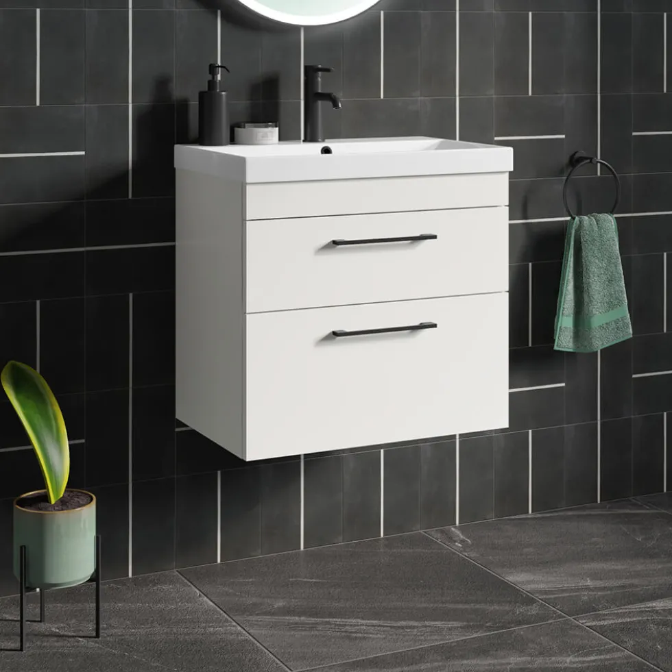 Emily Gloss White Wall Mounted 2 Drawer Vanity Unit, Thin-Edged Basin, Matt Black Handles & Overflow