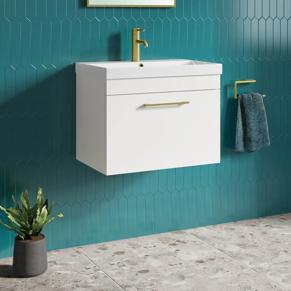 Emily Gloss White Wall Mounted 1 Drawer Vanity Unit, Thin-Edged Basin, Brushed Brass Handle & Overflow