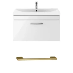Emily Gloss White Wall Mounted 1 Drawer Vanity Unit, Thin-Edged Basin, Brushed Brass Handle & Overflow
