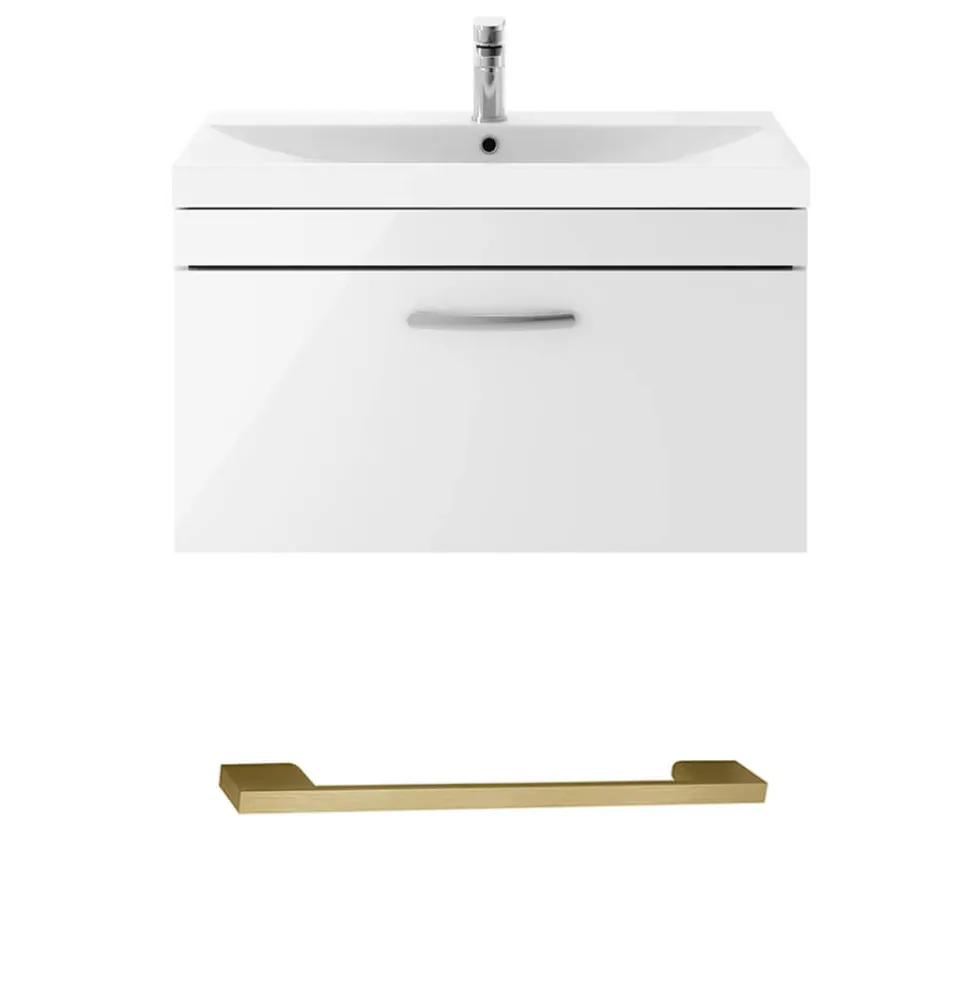 Emily Gloss White Wall Mounted 1 Drawer Vanity Unit, Thin-Edged Basin, Brushed Brass Handle & Overflow