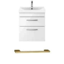 Emily Gloss White Wall Mounted 2 Drawer Vanity Unit, Thin-Edged Basin, Brushed Brass Handles & Overflow
