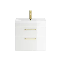 Emily Gloss White Wall Mounted 2 Drawer Vanity Unit, Thin-Edged Basin, Brushed Brass Handles & Overflow