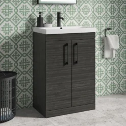 Emily Hacienda Black Floorstanding 2 Door Vanity Unit, Thin-Edged Basin, Matt Black Handles & Overflow
