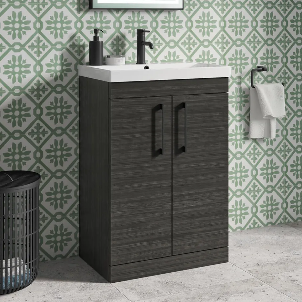 Emily Hacienda Black Floorstanding 2 Door Vanity Unit, Thin-Edged Basin, Matt Black Handles & Overflow