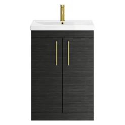 Emily Hacienda Black Floorstanding 2 Door Vanity Unit, Thin-Edged Basin, Brushed Brass Handles & Overflow