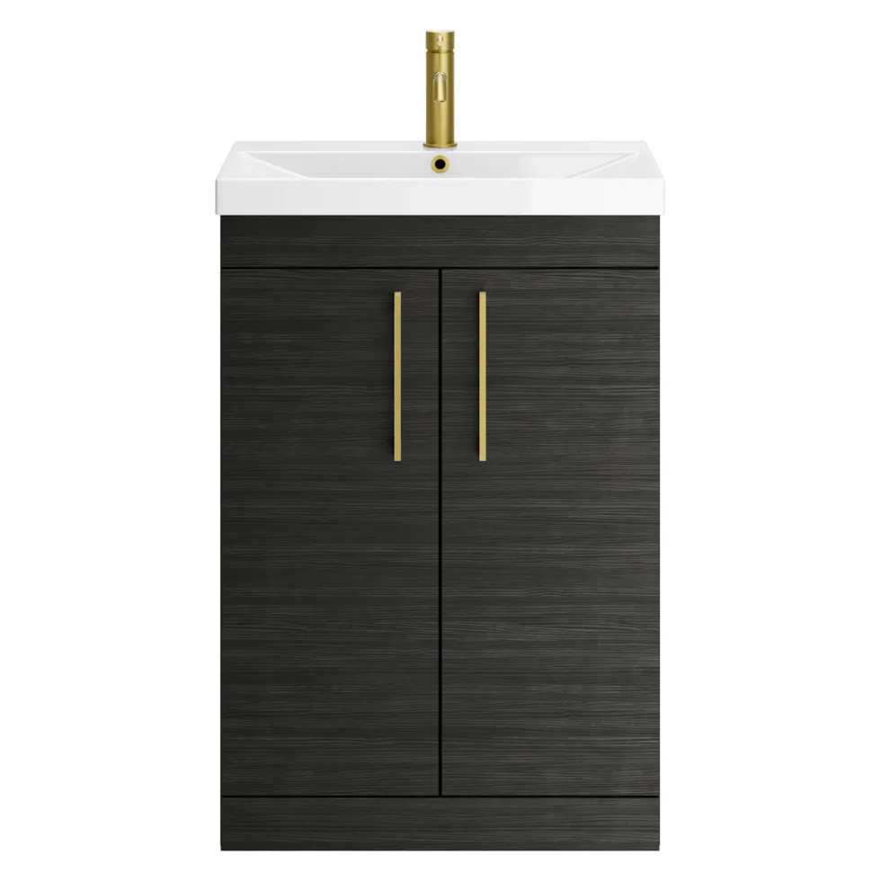 Emily Hacienda Black Floorstanding 2 Door Vanity Unit, Thin-Edged Basin, Brushed Brass Handles & Overflow