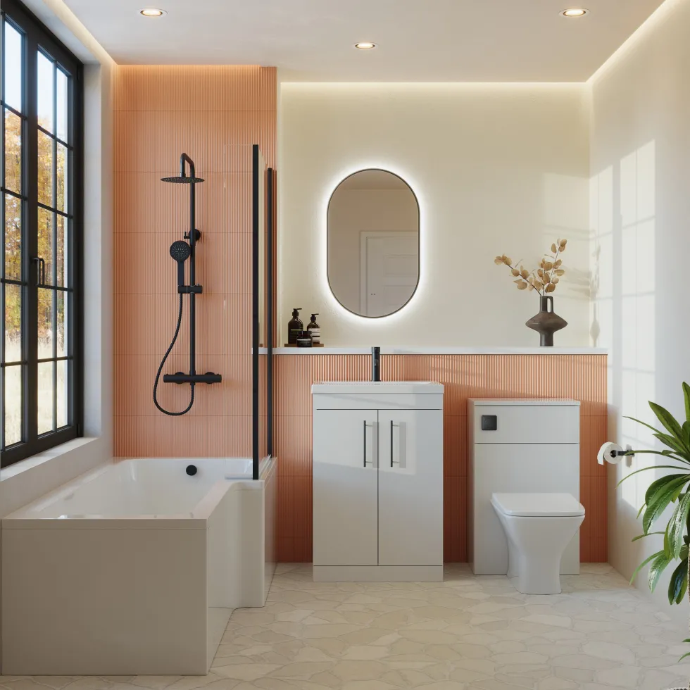 Emily Matt Black L Shaped Shower Bath Suite with Rimless Back to Wall Toilet & 1700mm Bath