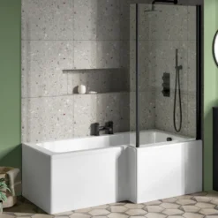 Emily Matt Black L Shaped Shower Bath Suite with Rimless Back to Wall Toilet & 1700mm Bath