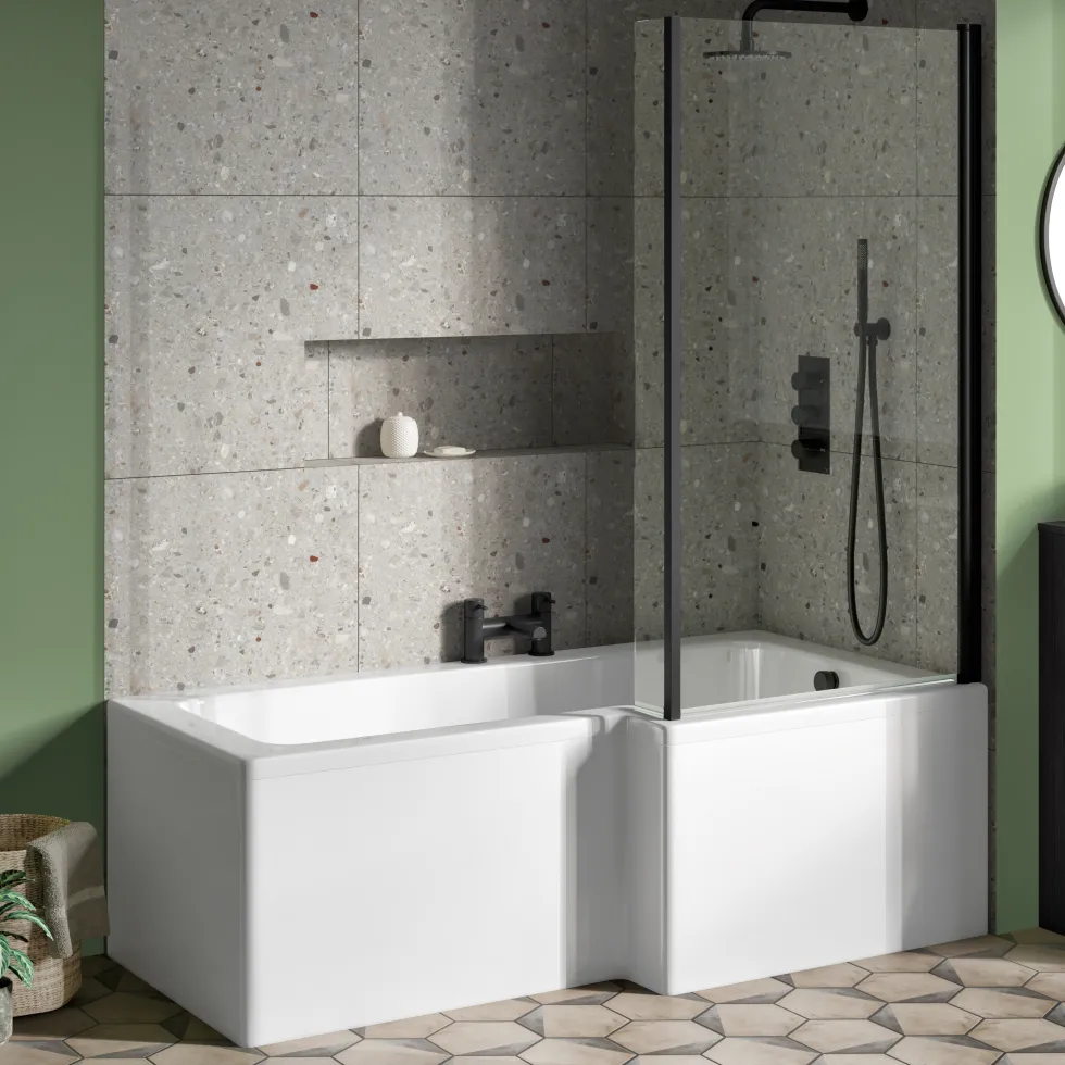 Emily Matt Black L Shaped Shower Bath Suite with Rimless Back to Wall Toilet & 1700mm Bath