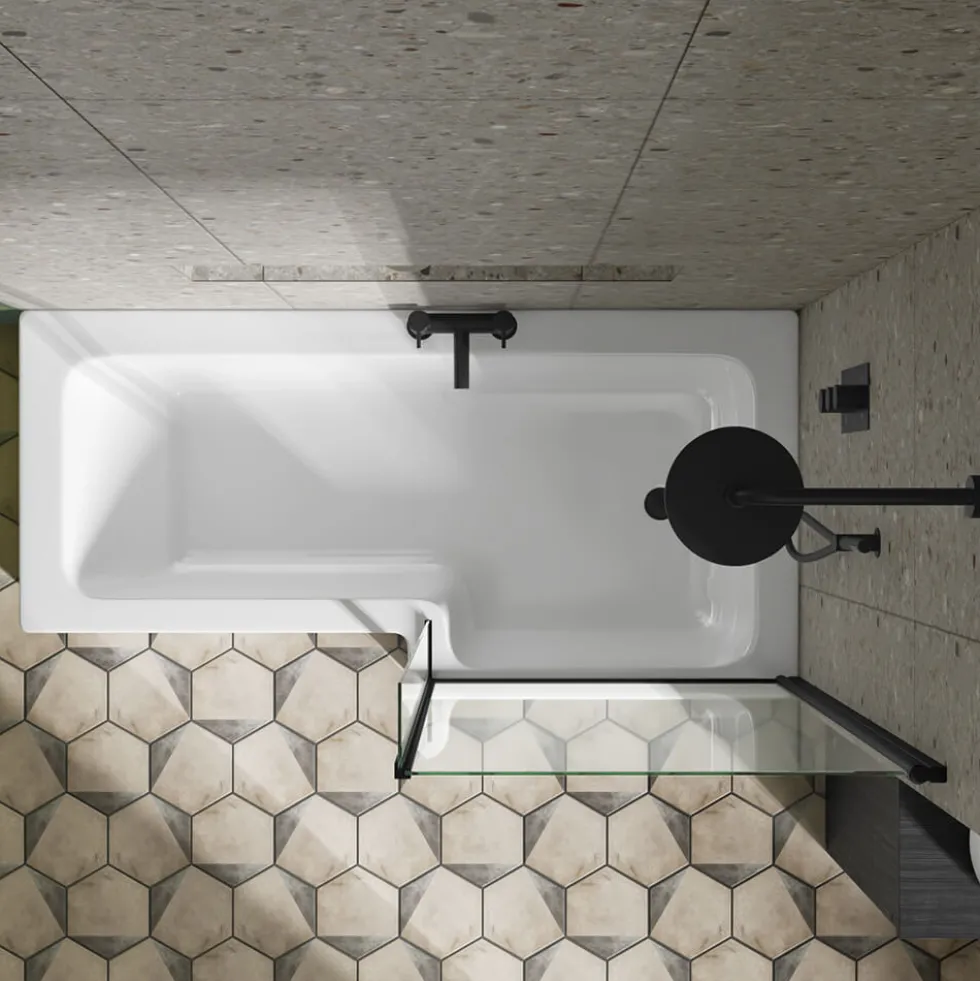 Emily Matt Black L Shaped Shower Bath Suite with Rimless Back to Wall Toilet & 1700mm Bath