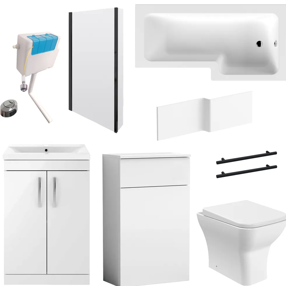 Emily Matt Black L Shaped Shower Bath Suite with Rimless Back to Wall Toilet & 1700mm Bath