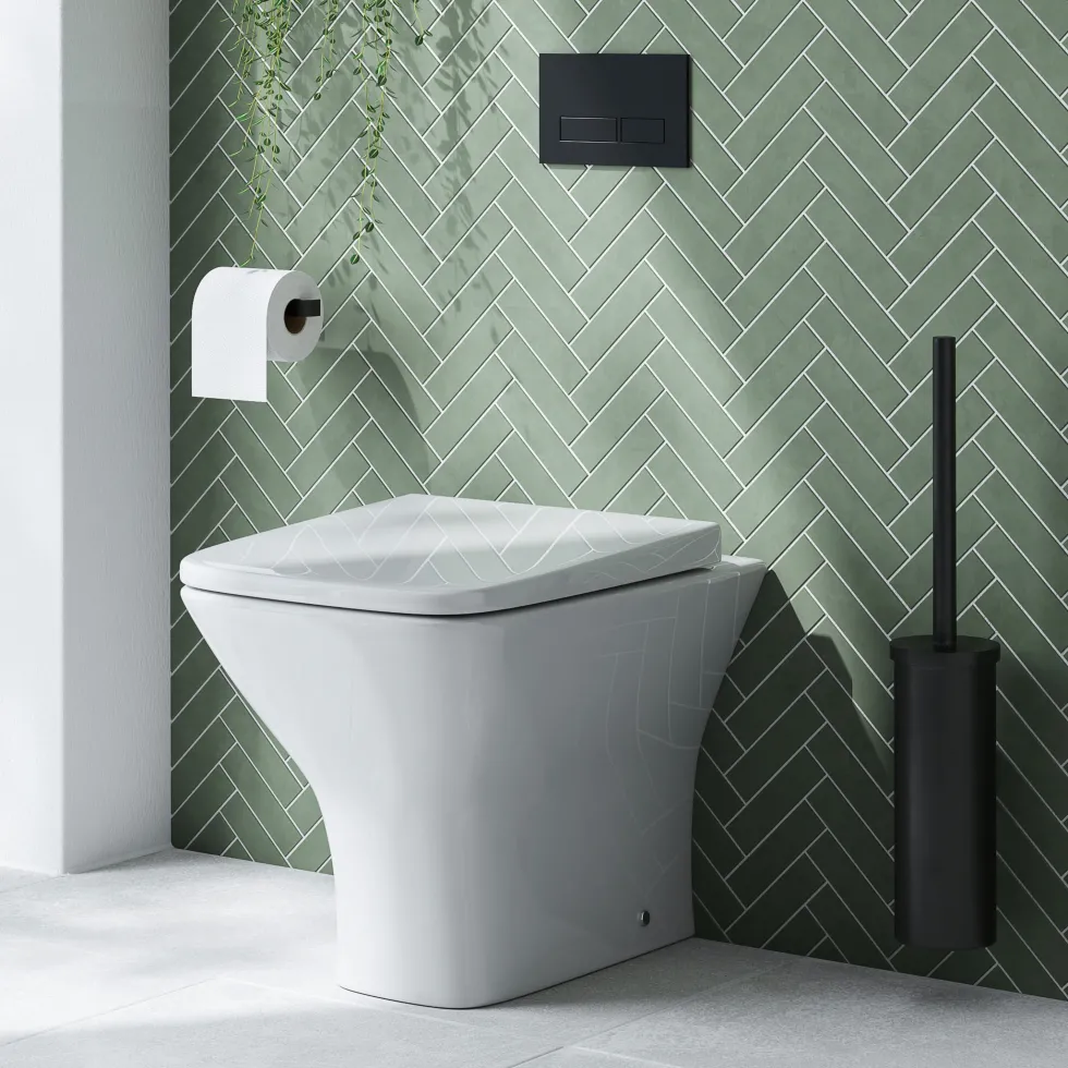 Emily Matt Black L Shaped Shower Bath Suite with Rimless Back to Wall Toilet & 1700mm Bath